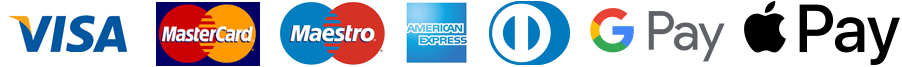 Loghi dei metodi di pagamento accettati: VISA, MasterCard, Maestro, American Express, Google Pay e Apple Pay